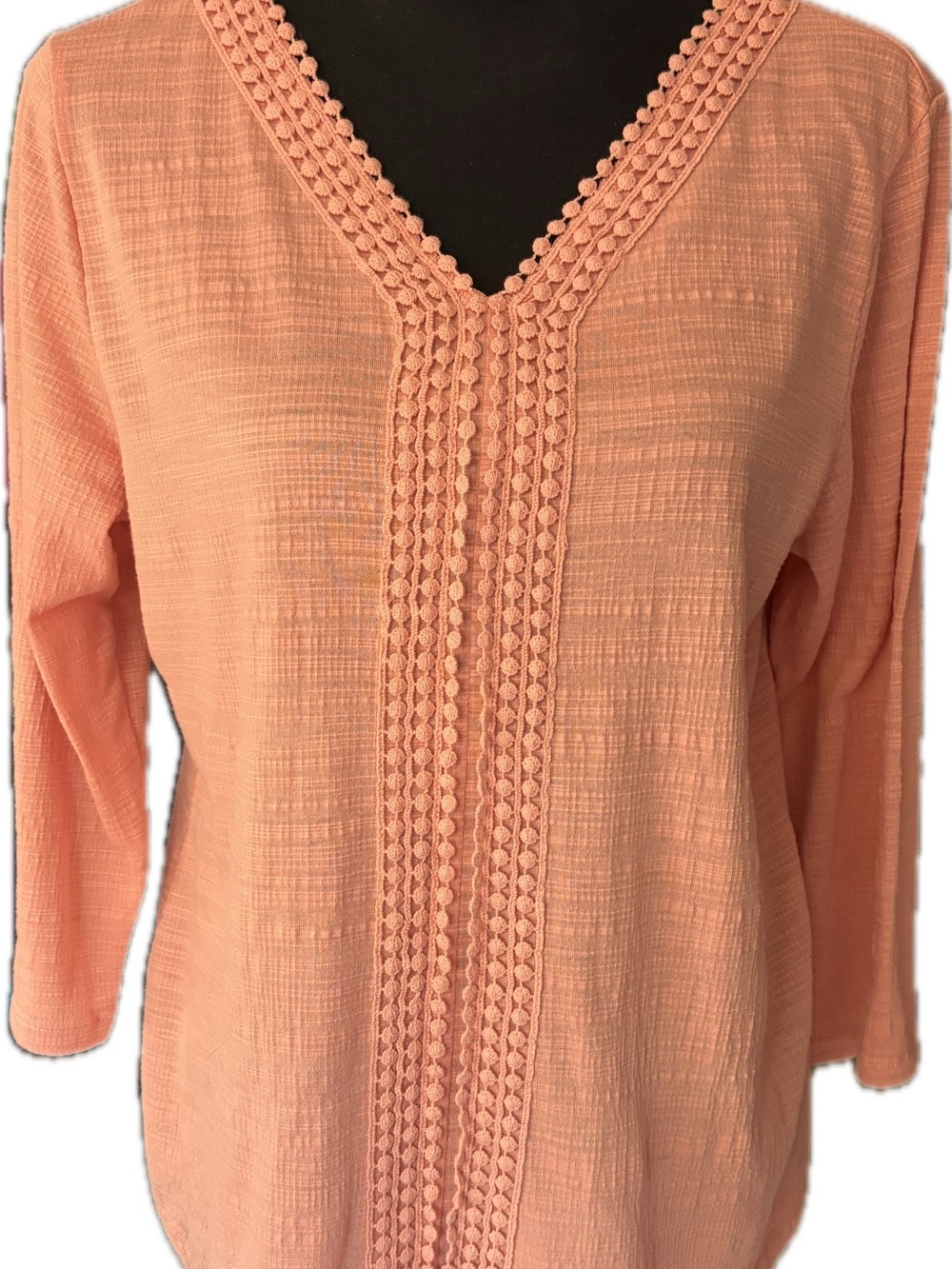 Carolyn Taylor Peach Crochet-Trim V-Neck Tunic